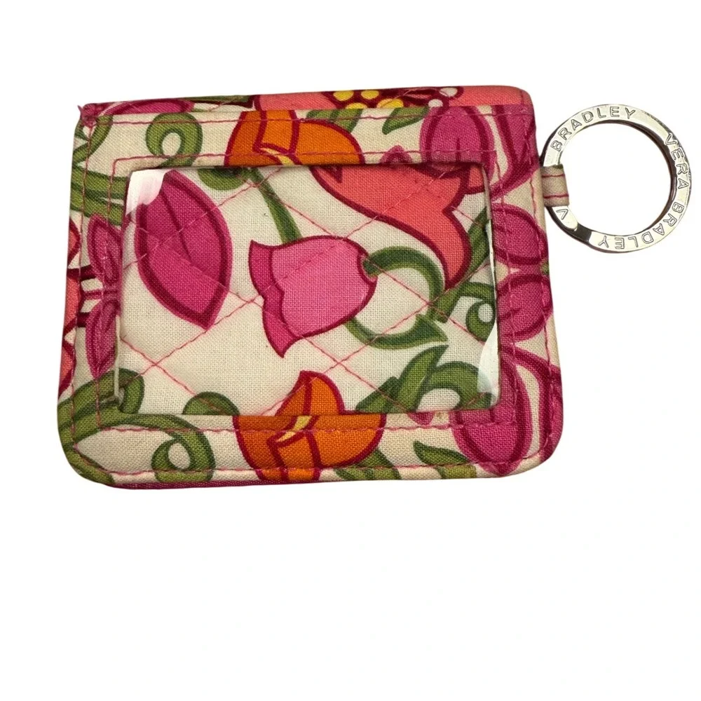 Vera Bradley Zip ID Case Floral Quilted Cotton Wallet Key Ring Pink Orange